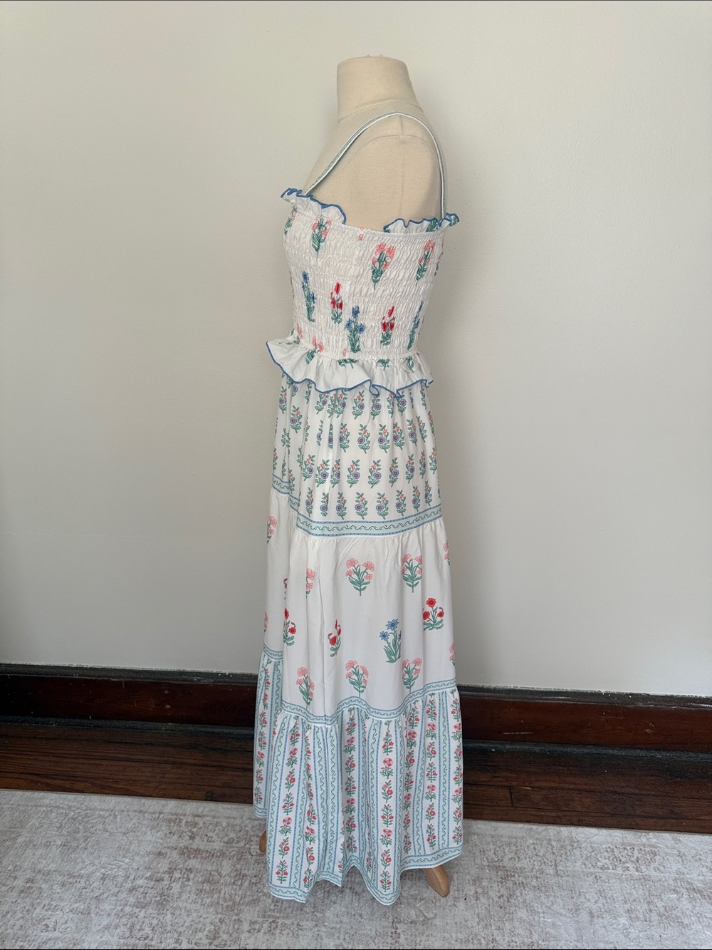 Source Unknown White Floral Smocked Maxi Dress with Blue and Pink Accents - Picture 3 of 7